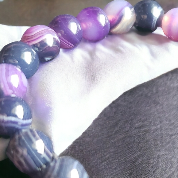 Purple Striped Agate Gemstone Handcrafted Bracelet with Gold CZ Accent - Picture 3 of 6